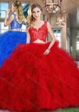 Best Selling Two Piece Ruffled and Laced Red Quinceanera Dress in Tulle