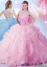 Elegant See Through High Neck Sequined Quinceanera Dress in Tulle