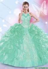 Fashionable Halter Top Apple Green Quinceanera Dress with Ruffled Layers and Appliques