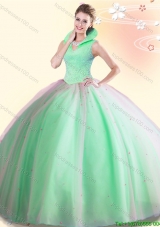 Hot Sale High Neck Spring Green Big Puffy Quinceanera Dress with Beading