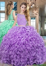 Hot Sale Two Piece Laced Floor Length Lavender Quinceanera Dress in Organza