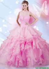 Luxurious High Neck Beaded and Ruffled Tulle Quinceanera Dress in Rose Pink