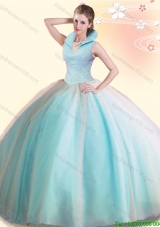 Romantic High Neck Beaded Tulle Quinceanera Dress in Baby Blue