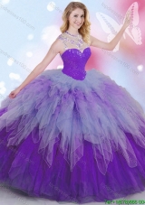 Unique High Neck Rainbow Quinceanera Dress with Ruffles and Beading