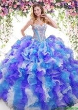 Popular Ruffled and Beaded Rainbow Quinceanera Dress in Organza
