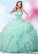 Elegant Beaded and Ruffled Apple Green Quinceanera Dress with Brush Train