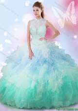 Fashionable High Neck Beaded and Ruffled Rainbow Quinceanera Dress in Tulle
