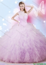Lovely High Neck Big Puffy Lavender Quinceanera Dress with Beading and Ruffles