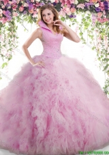 Luxurious Rose Pink Backless Quinceanera Dress with Beading and Ruffles