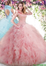 Modest High Neck Watermelon Red Quinceanera Dress with Beading and Ruffles