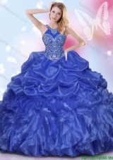 Perfect Halter Top Royal Blue Quinceanera Dress with Appliques and Pick Ups