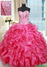 2017 Luxurious Visible Boning Sweetheart Ruffled and Beaded Quinceanera Gown in Hot Pink