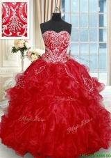 Classical Beaded Brush Train Red Quinceanera Dresses with Embroidery and Ruffles
