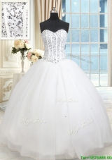 Fashionable Visible Boning Puffy Skirt Beaded Bodice Quinceanera Dress in White