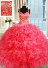 New Style Straps Organza Coral Red Sweet 16 Dress with Ruffles and Beading