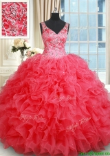Classical V Neck Ruffled and Beaded Coral Red Quinceanera Dress with Open Back