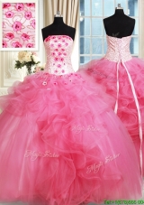 Affordable Beaded Strapless Hot Pink Quinceanera Dress with Appliques and Ruffles