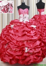 New Style Applique and Bubble Taffeta Coral Red Quinceanera Dress with Brush Train