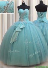 Most Popular Beaded and Bowknot Aquamarine Quinceanera Dress in Tulle and Sequins