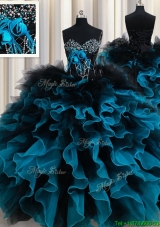 Perfect Organza and Tulle Black and Blue Quinceanera Dress with Ruffles and Beading