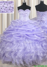 Pretty Ruffled Lavender Long Quinceanera Dresses with Beading and Pick Ups