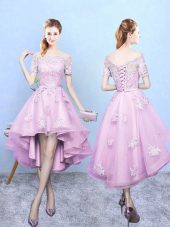 Rose Pink Short Sleeves Lace High Low Wedding Party Dress