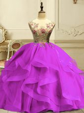 Exquisite Fuchsia Sleeveless Floor Length Appliques and Ruffles Lace Up Ball Gown Prom Dress