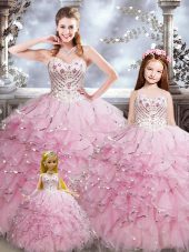 Dynamic Sweetheart Sleeveless Quinceanera Gowns Floor Length Beading and Ruffles Baby Pink Organza