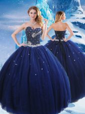 Enchanting Floor Length Navy Blue Sweet 16 Dress Tulle Sleeveless Beading