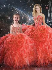Customized Organza Sweetheart Sleeveless Lace Up Beading and Ruffles Quinceanera Dresses in Coral Red