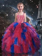 Coral Red Tulle Lace Up Child Pageant Dress Sleeveless Floor Length Beading and Ruffles