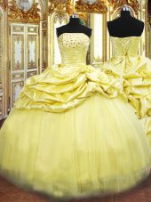 Sleeveless Taffeta Floor Length Lace Up 15 Quinceanera Dress in Gold with Beading and Pick Ups