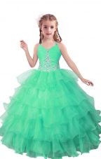 Turquoise Pageant Gowns For Girls Quinceanera and Wedding Party with Beading and Ruffled Layers V-neck Sleeveless Zipper