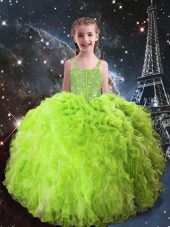 Superior Sleeveless Floor Length Beading and Ruffles Lace Up Girls Pageant Dresses with