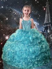 Sleeveless Floor Length Beading and Ruffles Lace Up Little Girl Pageant Gowns with Teal