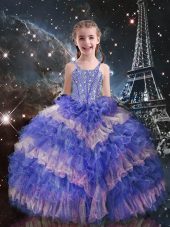 Straps Sleeveless Lace Up Kids Pageant Dress Lilac Organza