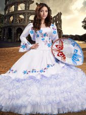 Square Long Sleeves Quinceanera Dress Floor Length Embroidery and Ruffled Layers Baby Blue Organza