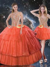 High Class Floor Length Rust Red Quinceanera Dress Organza Sleeveless Ruffled Layers and Sequins