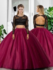 Fabulous Fuchsia Backless Scoop Lace and Ruching Quinceanera Dresses Tulle Long Sleeves