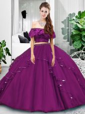 Elegant Eggplant Purple Off The Shoulder Neckline Lace and Ruffles Quinceanera Dresses Sleeveless Lace Up