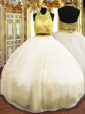Affordable Champagne Ball Gowns Halter Top Sleeveless Tulle Floor Length Zipper Beading Sweet 16 Quinceanera Dress