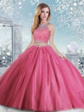Luxury Hot Pink Tulle Clasp Handle Scoop Sleeveless Floor Length Quinceanera Dresses Beading and Sequins