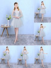 Dynamic Knee Length Empire Sleeveless Silver Wedding Party Dress Lace Up