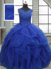 Sleeveless Floor Length Ruffles and Sequins Lace Up Sweet 16 Dress with Royal Blue