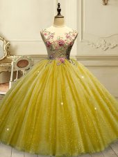 Discount Gold Sleeveless Appliques and Sequins Floor Length Ball Gown Prom Dress with Headpieces