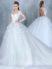 Pretty Court Train A-line Bridal Gown White Sweetheart Tulle Long Sleeves Backless