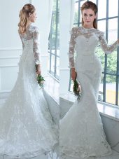 Cheap Long Sleeves Lace Brush Train Lace Up Bridal Gown in White with Lace