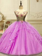 Inexpensive Floor Length Lilac 15 Quinceanera Dress Scoop Sleeveless Lace Up