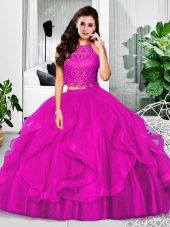 Pretty Fuchsia Two Pieces Halter Top Sleeveless Tulle Floor Length Zipper Lace and Ruffles Quinceanera Gowns
