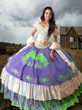 Trendy Off The Shoulder Sleeveless Taffeta 15th Birthday Dress Embroidery and Ruffled Layers Brush Train Lace Up